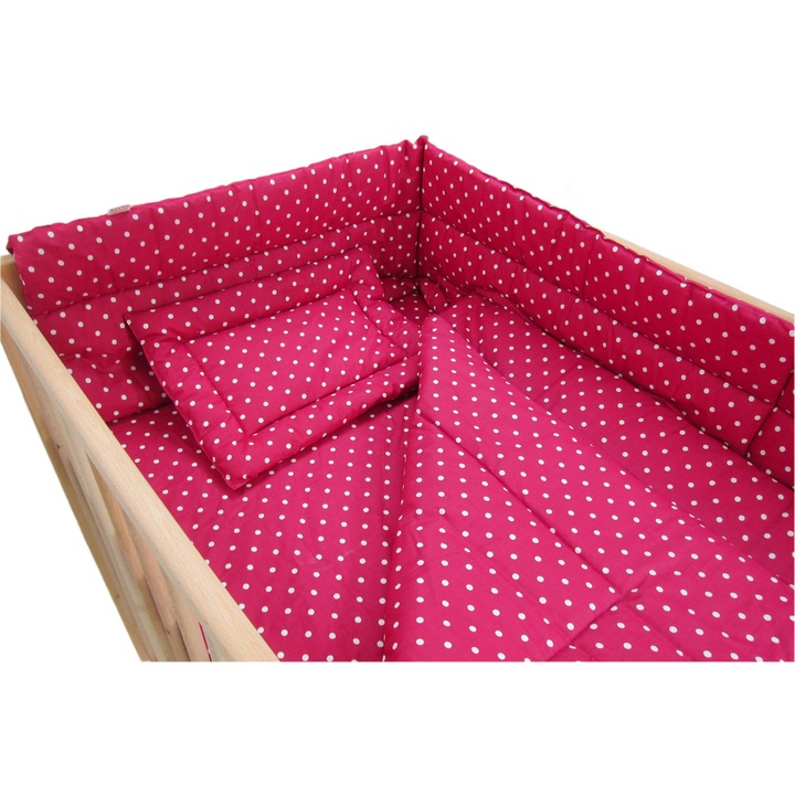 Комплект капитонирано спално бельо от 4 части, 120x60 см, памук Oeko Tex, чаршаф, завивка, възглавница, бордюр PPSL4P на бели/тъмночервени точки, Primii Pasi