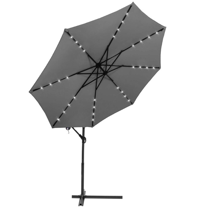 Umbrela de gradina cu brat lateral banana, iluminare LED, cu husa, 300cm, gri