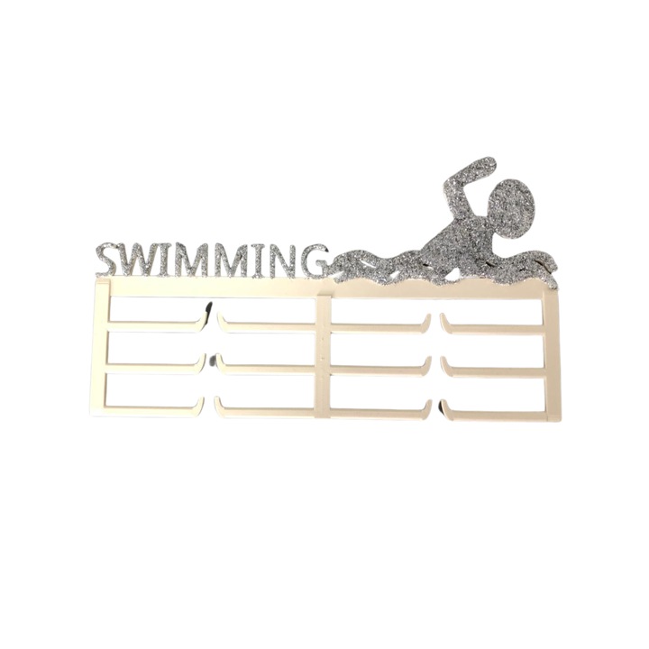 Suport medalii "SWIMMING", pasiune pentru inot, atleti 8, 2 x 22 cm alb cu sclipici argintiu