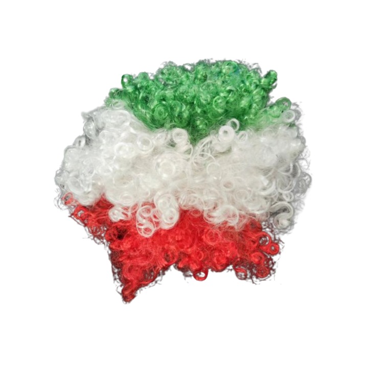 Peruca suporteri, multicolor，culorile drapelului Ungariei：verde, -alb-si rosu, plastic, pentru carnaval si petreceri