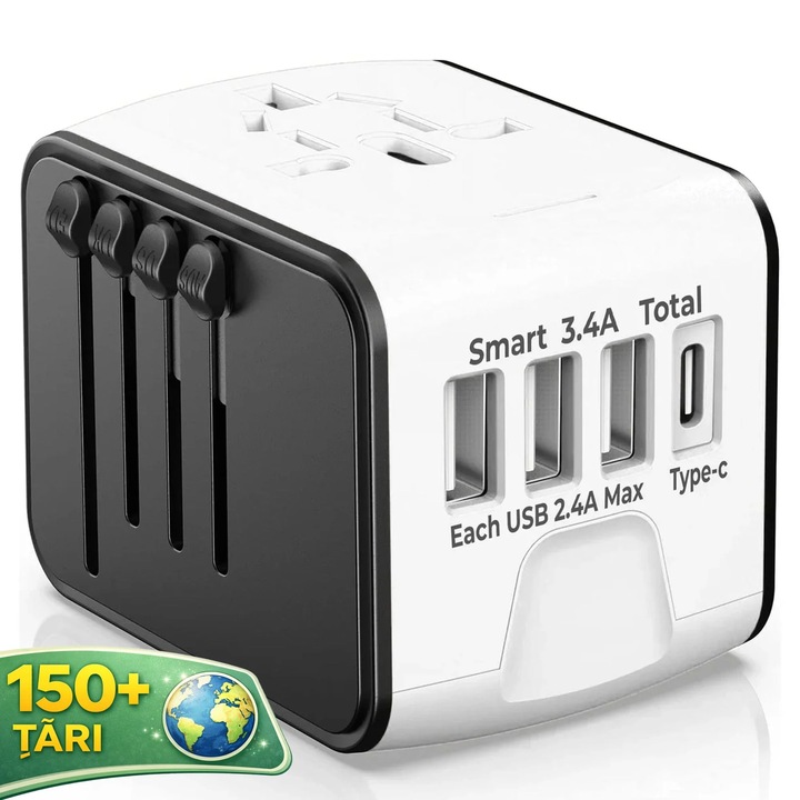 Adaptor Incarcator Universal Timebox cu 3 Porturi USB si 1 Port Type-C – Compatibil US/UK/EU/Australia/Asia, Incarcare Simultana, Protectie Suprasarcina, Design Compact Ideal pentru Calatorii Internationale, Alb