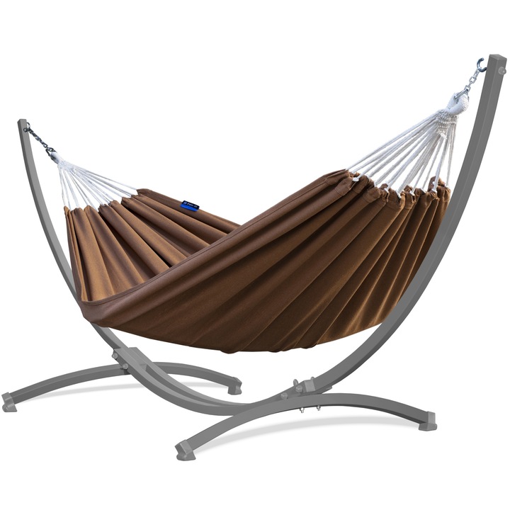 Hamac Dublu, Potenza, Roma XL, Cocoon, Cu suport Grande, 220x160 cm, Greutate Suportata 200 Kg, Otel/Bumbac, Gri/Maro camel