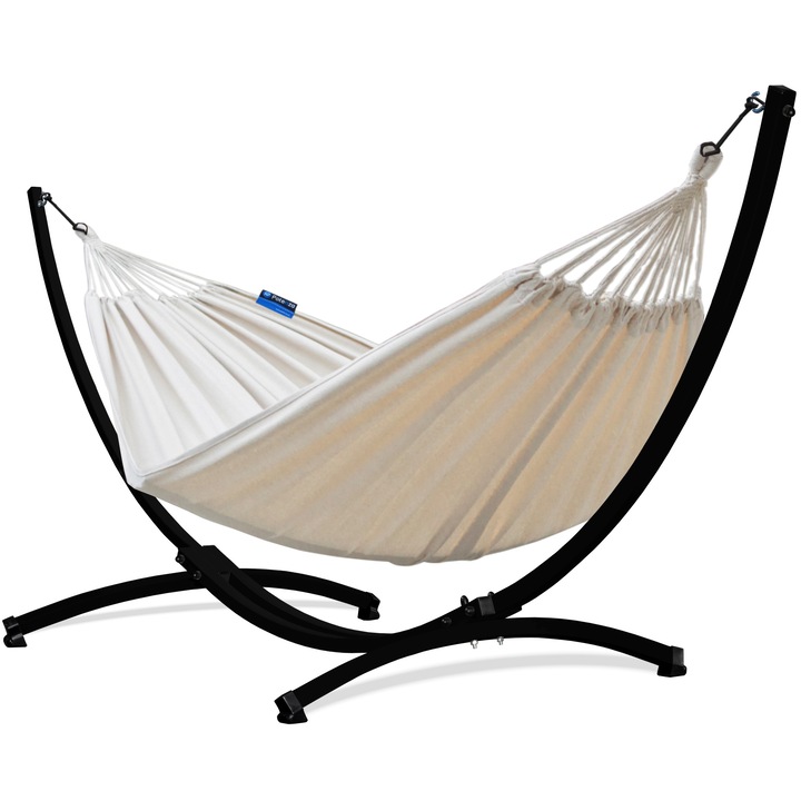Hamac Dublu, Potenza, Roma XL, Cocoon, Cu suport Grande, 220x160 cm, Greutate Suportata 200 Kg, Otel/Bumbac, Negru/Ecru