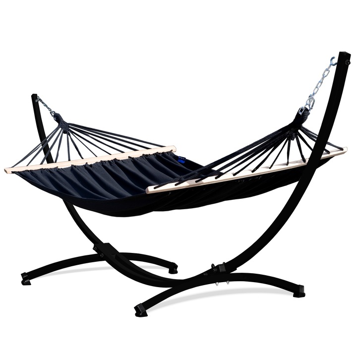 Hamac Dublu, Potenza, Roma, Traversa, Cu suport Grande, 220x160 cm, Greutate Suportata 200 Kg, Otel/Bumbac, Negru/Negru