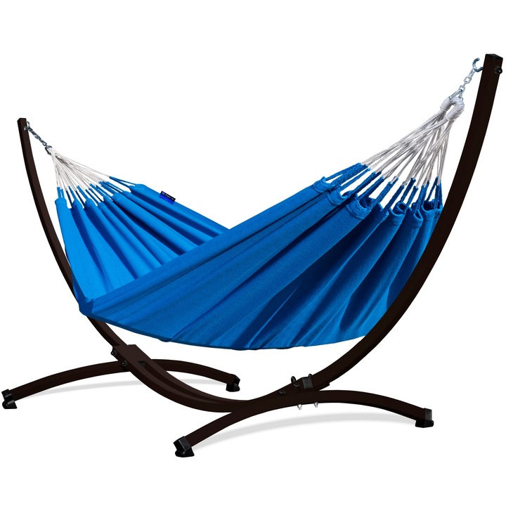 Hamac Dublu, Potenza, Medelin, Cocoon, Cu suport Grande, 220x140 cm, Greutate Suportata 200 Kg, Otel/Bumbac, Maro/Albastru