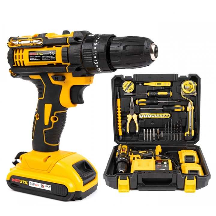 Autofiletanta Brivoo® 36V cu 2 acumulatori Li-Ion 2Ah, 30 accesorii, valiza transport, 1700 RPM, cuplu 30 Nm, 2 viteze