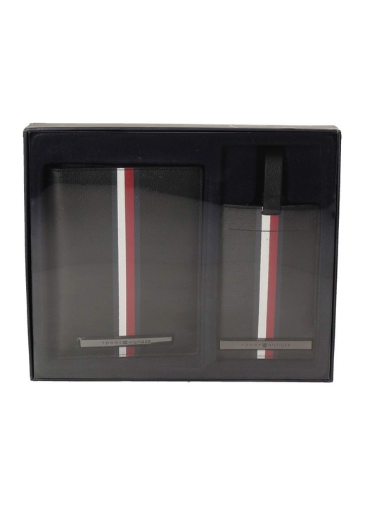 Set portofel si eticheta bagaj Tommy Hilfiger, piele, negru, one size