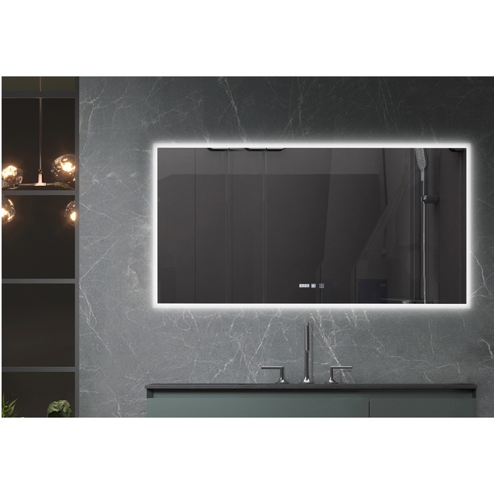 Огледало за баня Belform Atlantis, 3-цветно LED осветление, Функция против запотяване, Touch бутон, Дигитален часовник, 120x80 см, Енергиен клас F