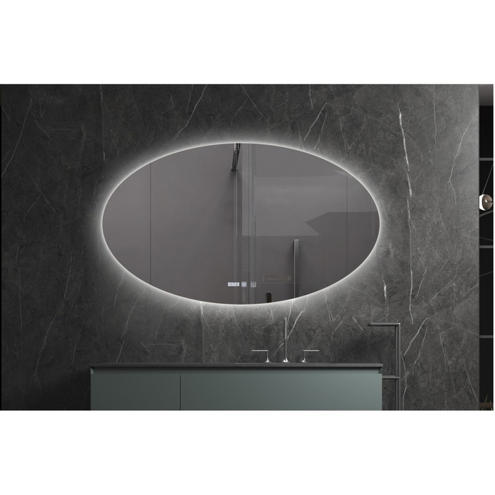 Oglinda baie Belform Helios, iluminare LED 3 culori, Dezaburire, Intrerupator touch, Ceas digital, 120x80 cm, Clasa energetica F