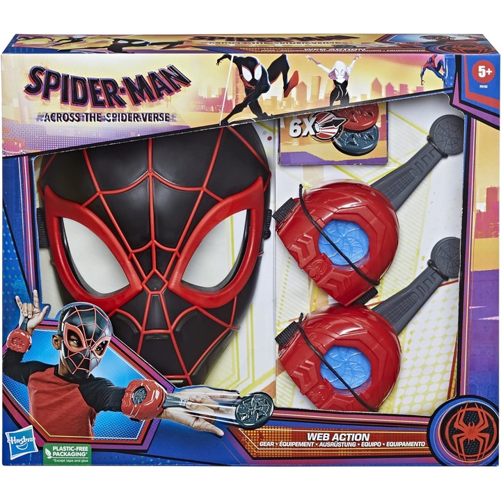Costum pentru copii Hasbro, Spider-Man Miles Morales, masca si set lansator discuri, 5 ani