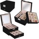 Cutie de Bijuterii Retoo din Piele Ecologica cu Sertar, Interior Catifea, Cheie, 12 Compartimente si Oglinda, 16x16x11cm, Negru-Crem