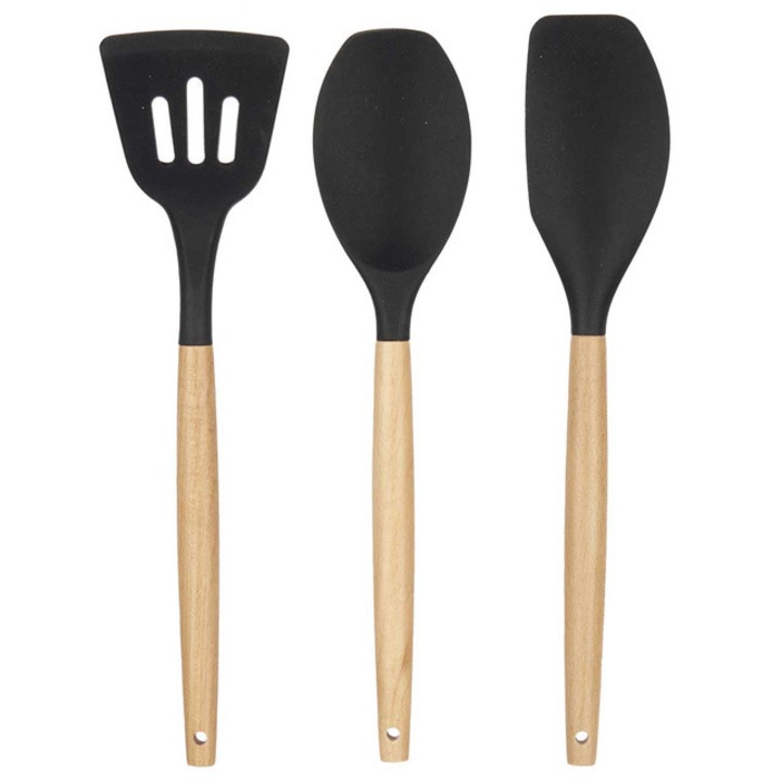 Set 3 spatule de bucatarie din silicon cu manere din lemn