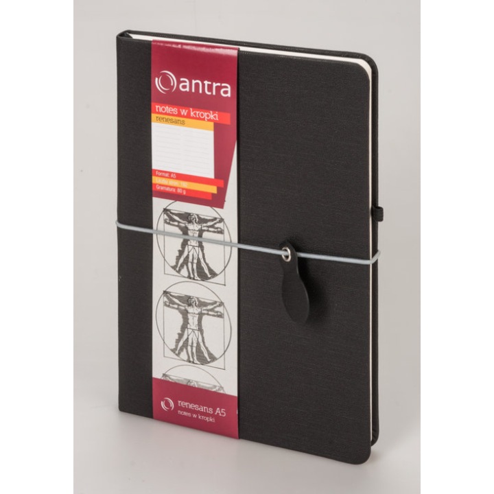 Notes A5 Antra, 160 pagini, coperta tare, guma de inchidere, negru, 130x210mm