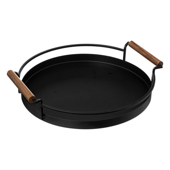 Tava rotunda neagra, manere din lemn de salcam, Ø 36 cm
