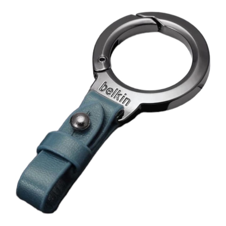 Fém kulcstartó karabinerrel, Dupla csattal, fém és ökológiai bőr, zöld