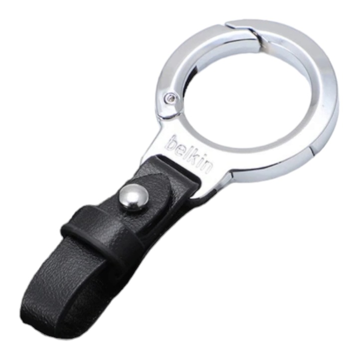 Breloc chei metalic cu carabina, Prindere dubla, metalica argintie si piele ecologica, Negru