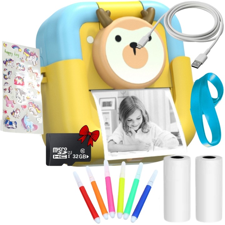 Aparat foto pentru copii SMARTIC, rezolutie Ultra HD 2.5K, baterie 1200mAh, ecran 2.4 inch, card memorie 32 GB, functie de printare instant, 3 jocuri integrate, 2 role pentru printare, MP3, mod selfie