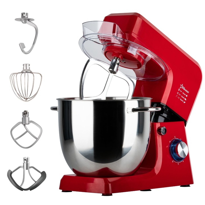 Robot de bucatarie profesional STARCREST SKM-2002RD, 2000 W, Bol 10 L Inox, 5 Accesorii, 6 Viteze + Pulse, Angrenaje metalice, Rosu