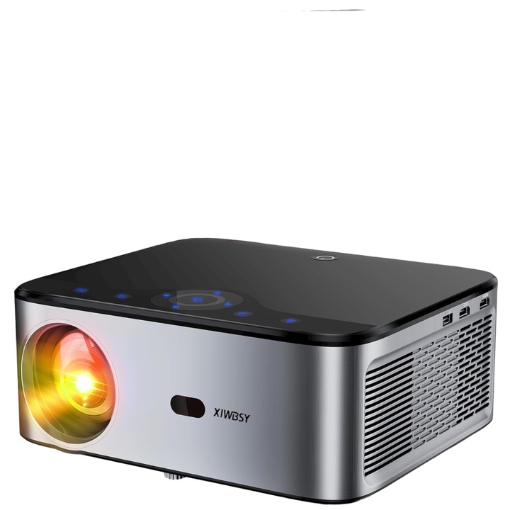 Видео LED проектор, 4K, 600 ansi, 18000 lux, android 9, 1+8 gb, bluetooth, wifi 6 двулентов, черен / сив