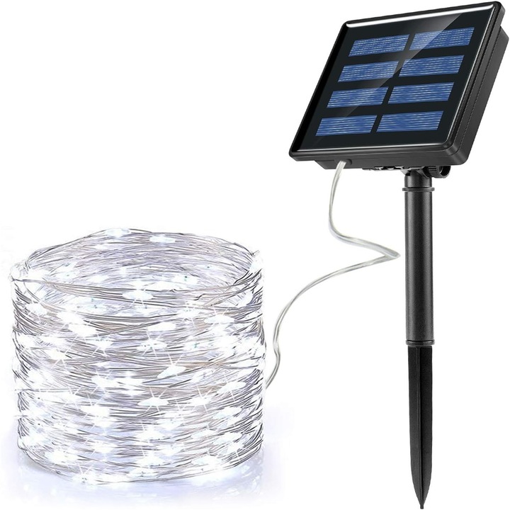 Соларна лампа, 200 LED, 22m, 8 режима, водоустойчива IP65, студено бял