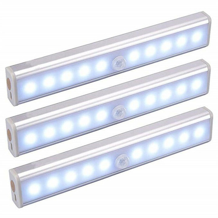 3 db LED lámpa készlet, vezeték nélküli, USB-n keresztül újratölthető, mágneses, szekrényhez, 30x5cm