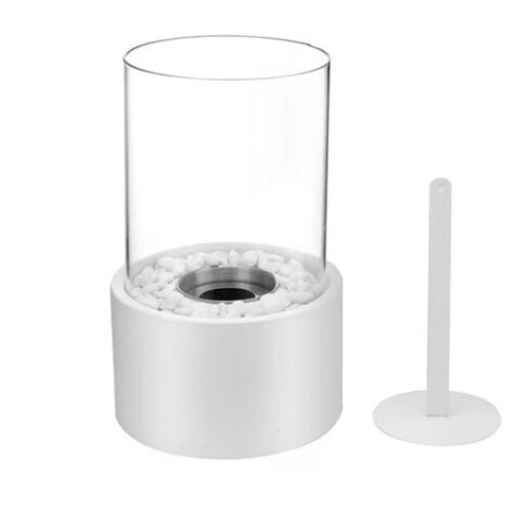 Mini semineu personal, semineu rotund cu alcool, semineu cu bioetanol de masa pentru decor peisaj cu foc real, focar de birou, pentru exterior/interior, 16,5 x 16,5 x 27,5 cm, alb