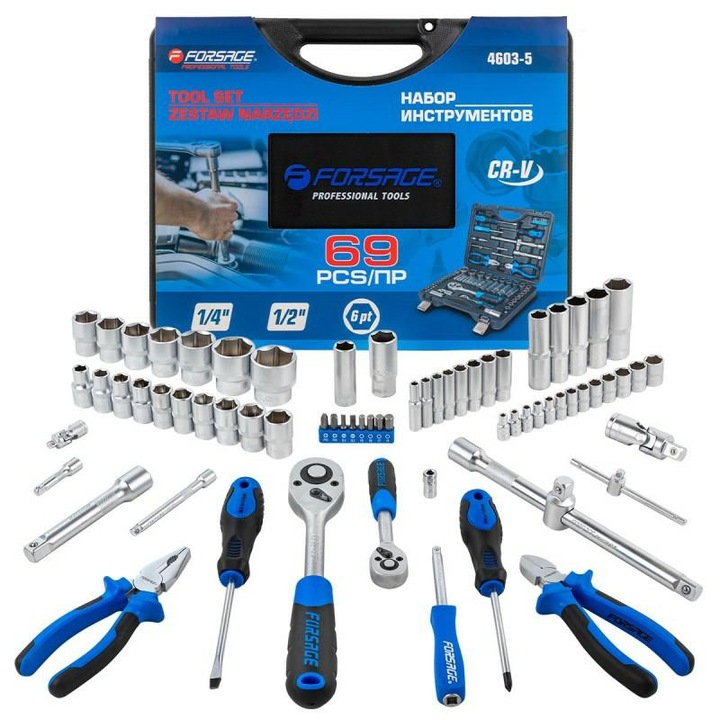 Set scule FORSAGE, 69 piese, 1/4" 1/2" 4-32mm, multicolor, valiza inclusa