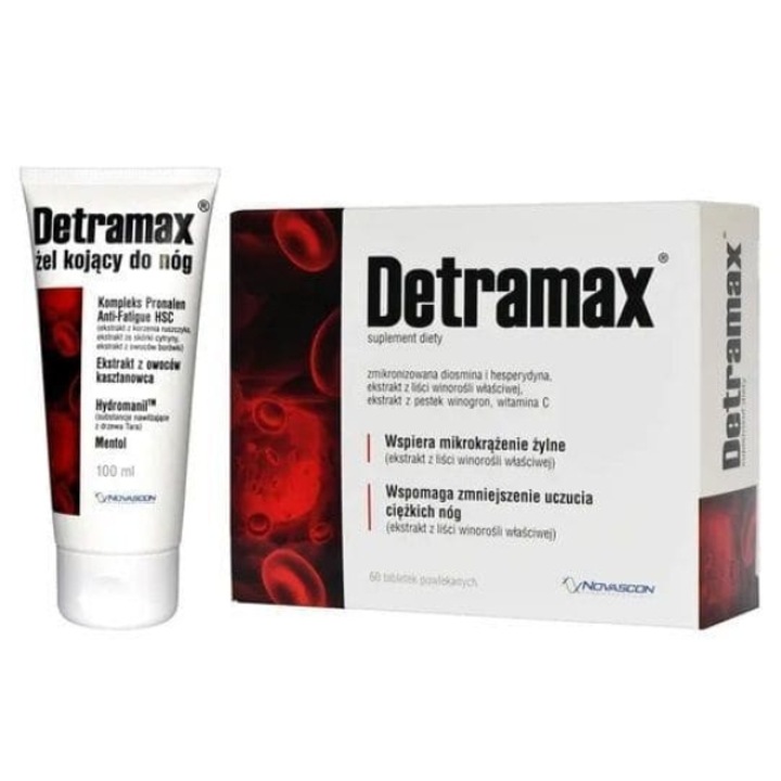 Set Detramax, Novascon Pharmaceuticals, tablete si gel calmant pentru picioare, 60 buc + 100ml
