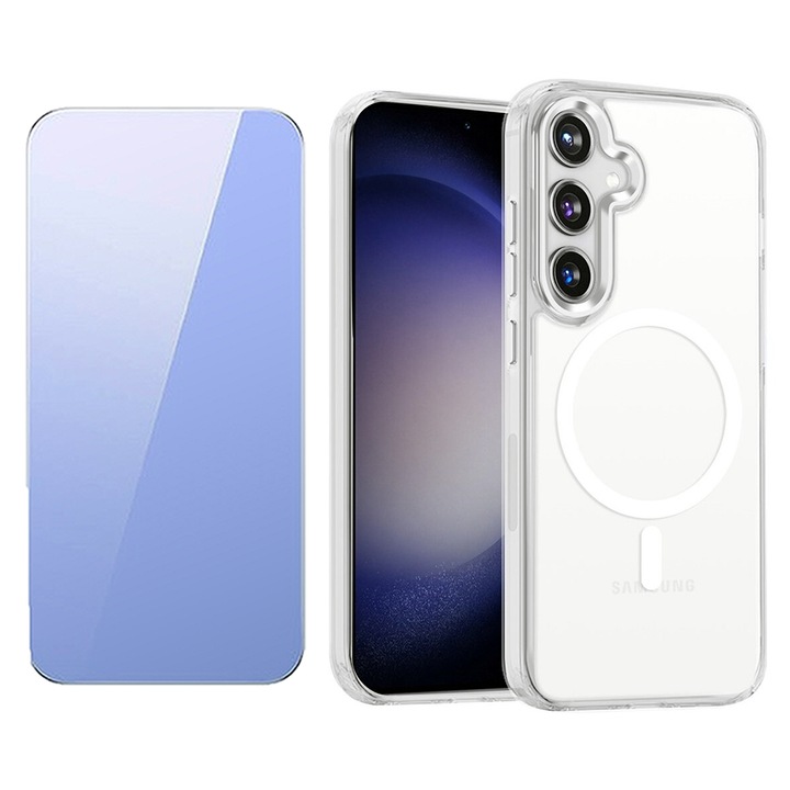 Комплект 2.5D стъклен протектор, Crystal Clear, Case-Friendly и калъф от AcrylVitrine за Samsung Galaxy S23 FE, OPTIM SOLUTION, High Functionality, Core Design, Съвместим с MagSafe, Ultra Protection, Anti-Yellowing Tech, Shiny Outstanding, Прозрачен