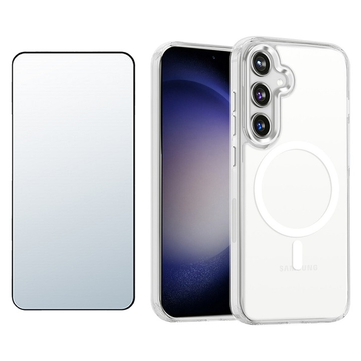 Set Folie Sticla Securizata 5D, Crystal Clear, All-over Cover si Husa AcrylVitrine pentru Samsung Galaxy S23 FE, OPTIM SOLUTION, High Functionality, Core Design, MagSafe Compatibility, Ultra Protection, Anti-Yellowing Tech, Shiny Outstanding, Transparent