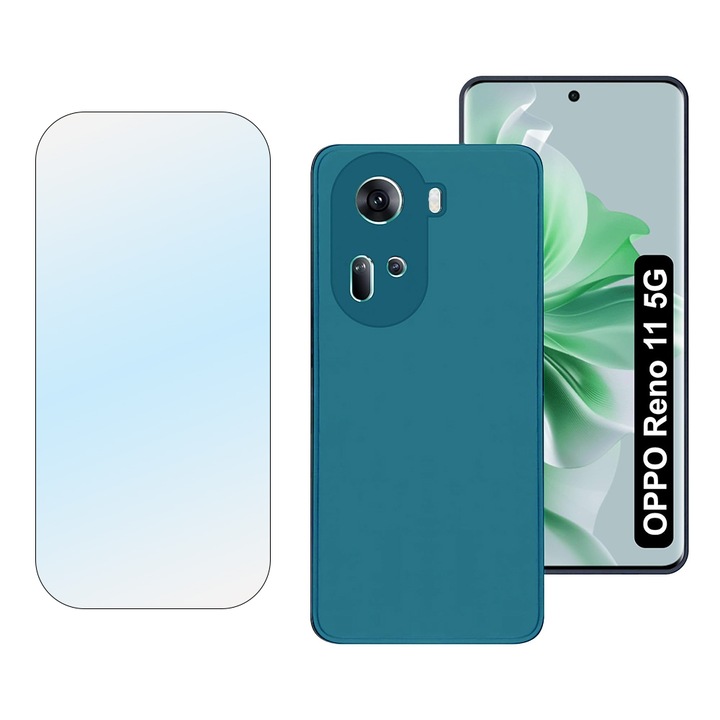 Комплект 2.5D стъклен протектор, Crystal Clear, Case-Friendly и гладък силиконов защитен калъф с микрофибър, За Oppo Reno11, OPTIM SOLUTION, Ултратънък, Мек материал, Син