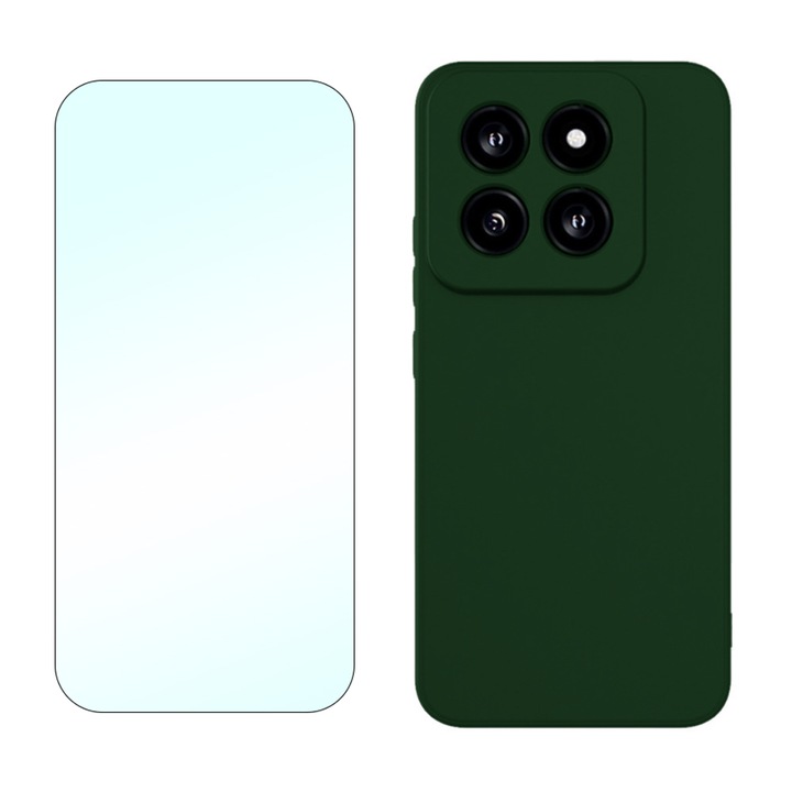 2.5D Secure Glass fólia készlet, kristálytiszta, tokbarát és sima szilikon védőburkolat mikroszálas Xiaomi 14-hez, OPTIM MEGOLDÁS, ultravékony, kiváló minőségű puha anyag, prémium szálas bélés, egyedi stílusos design, zöld
