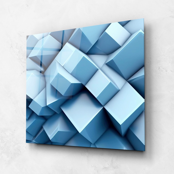 Tablou Sticla, 60x60cm, Dormitor si Living, Abstracte, Geometrice, Light Blue Shapes Mix