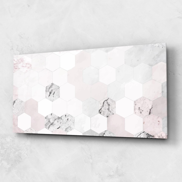 Tablou Sticla, 60x120cm, Dormitor si Living, Abstracte, Geometrice, Pink Hexa Pattern