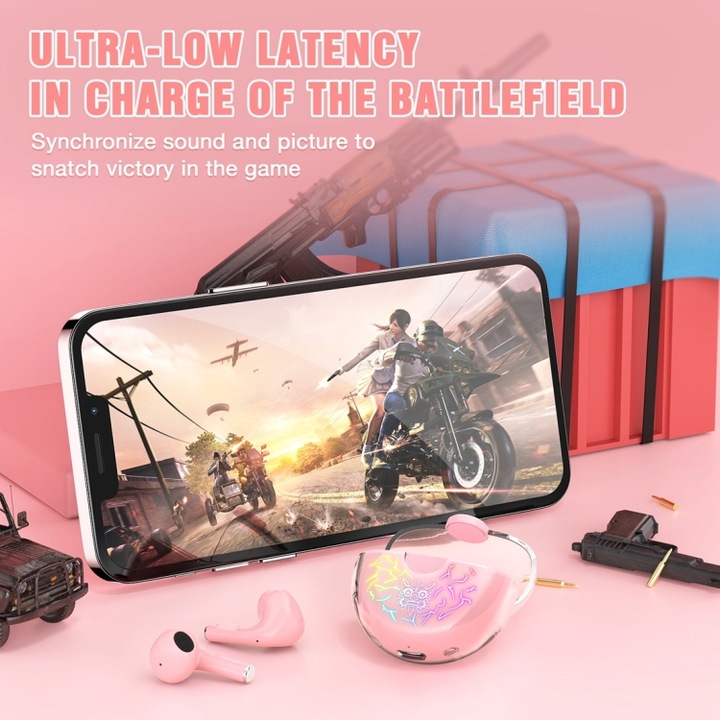 Casti wireless Bluetooth, TWS, gaming, reducere inteligenta a zgomotului, Bluetooth 5.1, iluminare RGB cool, roz