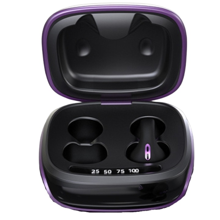 Casti audio wireless Bluetooth, TWS, Noise canceling, Latenta scazuta, Sunet HiFi, Material ergonomic din silicon, Impermeabil IPX6, Compatibilitate universala, Violet
