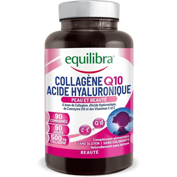 Colagen Q10 si Acid Hialuronic, Supliment Alimentar Pentru Piele si Articulatii, Combate Semnele Vizibile ale Imbatranirii, 90 comprimate, Equilibra