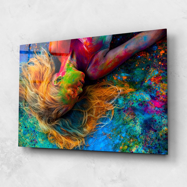 Tablou Sticla, 60x100cm, Dormitor si Living, Femei, Femei Abstracte, Powder Holi Woman
