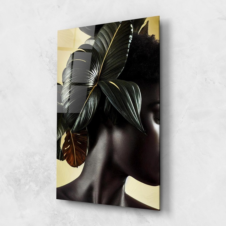 Tablou Sticla, 60x100cm, Dormitor si Living, Femei, Femei Africane, Leaf Woman