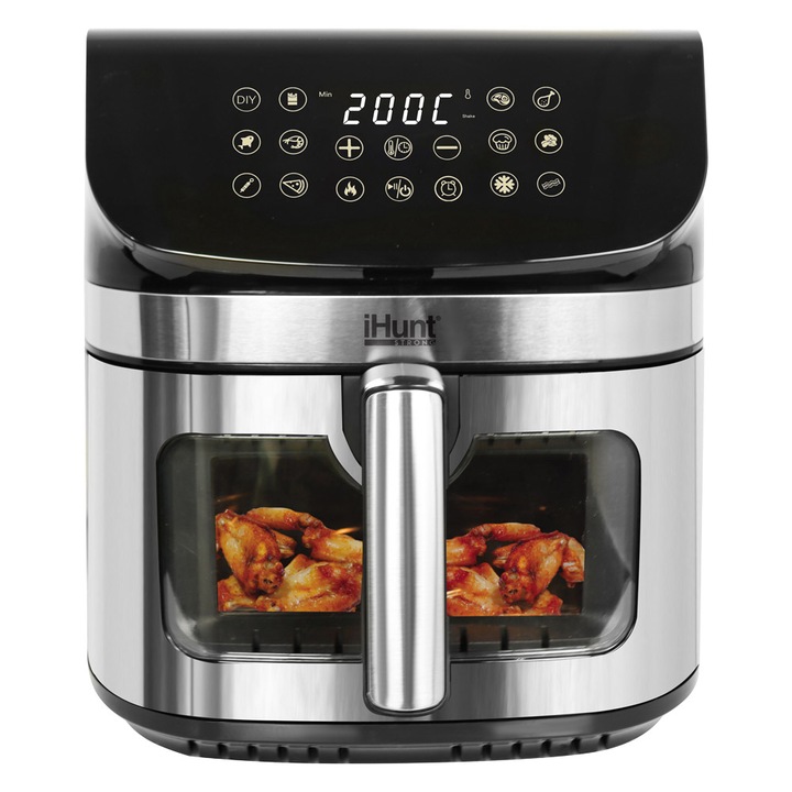 Еър фрайер iHunt Bro Air Fryer Ultra, Капацитет 9 литра, Чекмедже с прозрачно стъкло, Дигитален екран, 12 функции за готвене, Регулируема температура, Функции за размразяване и време, Лесно почистване, Напомняне за разклащане, 1800W, Черен
