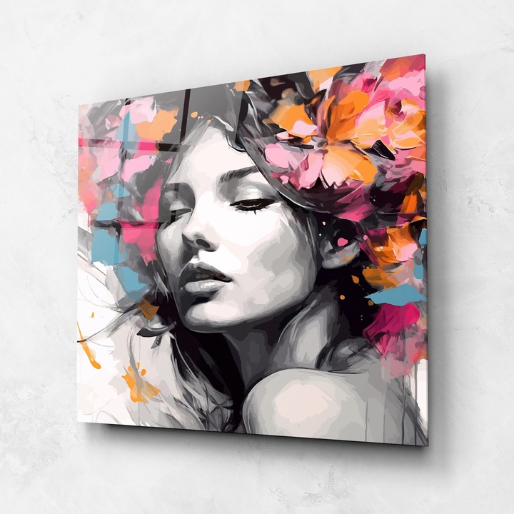 Tablou Sticla, 100x100cm, Dormitor si Living, Femei, Porterete, Colorful Flower Portrait