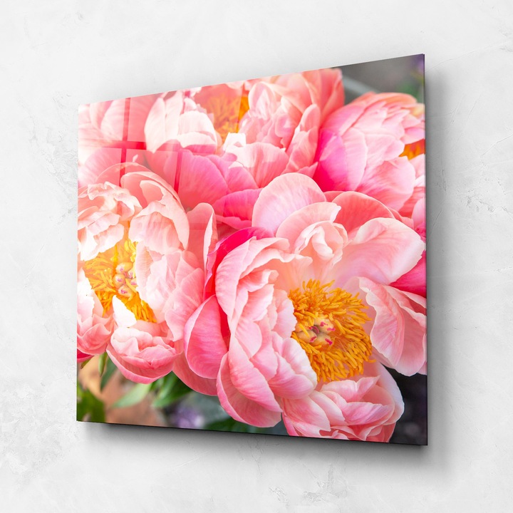ARTHUB, Стъклена картина 100x100cm, Спалня и Дневна, цветя, букет цветя, Opened Peonies Bouquet