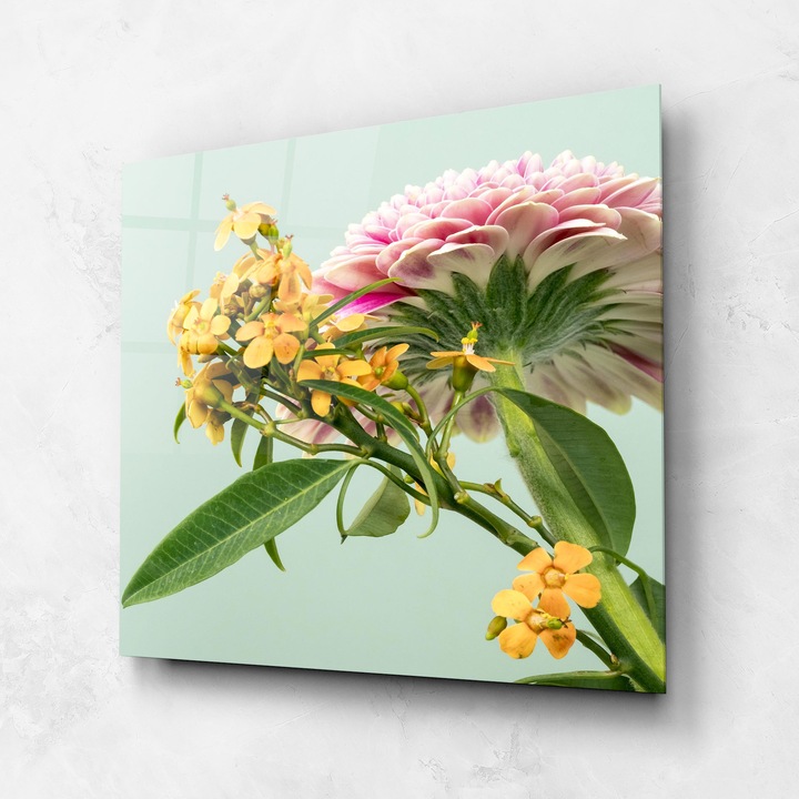 ARTHUB, Стъклена картина 100x100cm, Спалня и Дневна, цветя, букет цветя, Yellow Pink Flowers