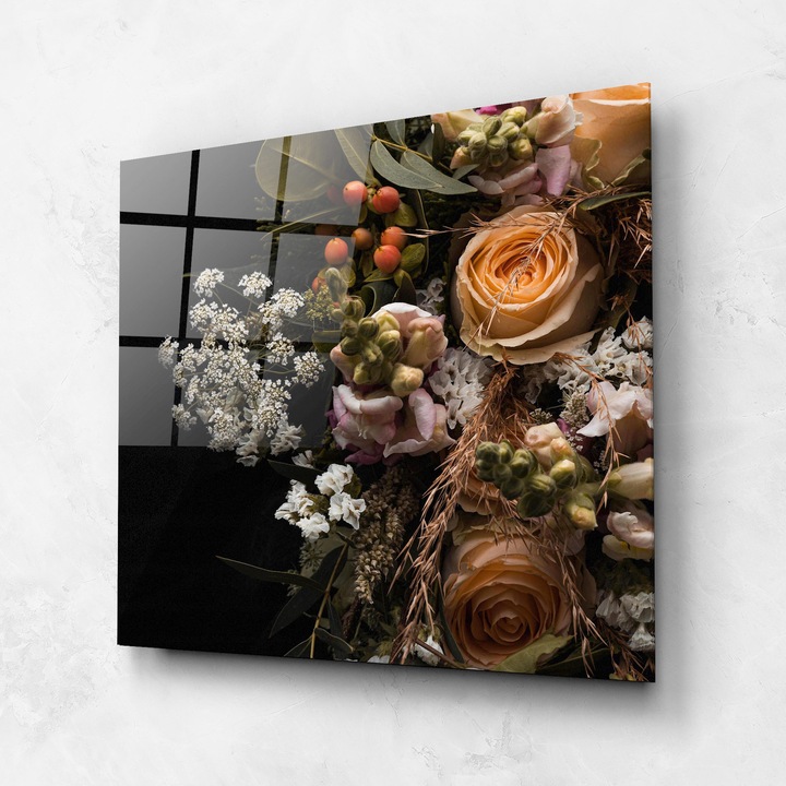 ARTHUB, Стъклена картина 100x100cm, Спалня и Дневна, цветя, букет цветя, Dark Flower Bouquet