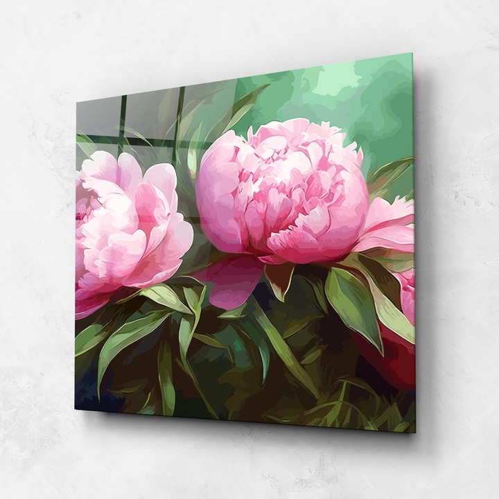 ARTHUB, Стъклена картина 100x100cm, Спалня и Дневна, цветя, божури, Peonies Art