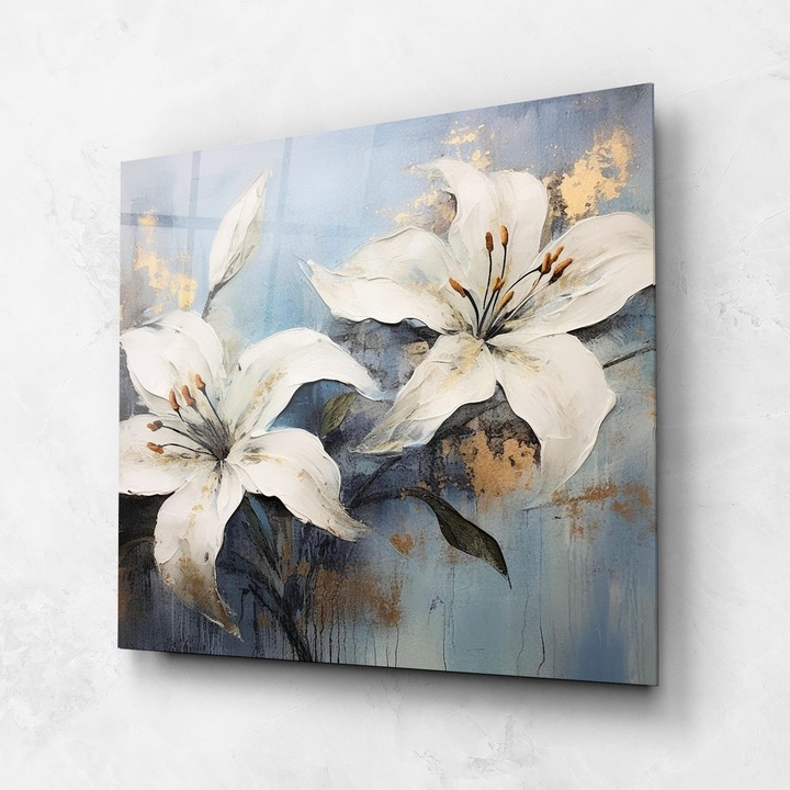 ARTHUB, Стъклена картина 100x100cm, Спалня и Дневна, цветя, лилии, Gold Lily Painting