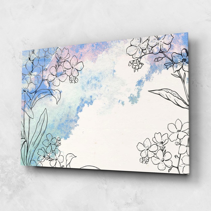 ARTHUB, Стъклена картина 80x120cm, Спалня и Дневна, цветя, рисувани цветя, Blue Watercolor Flower