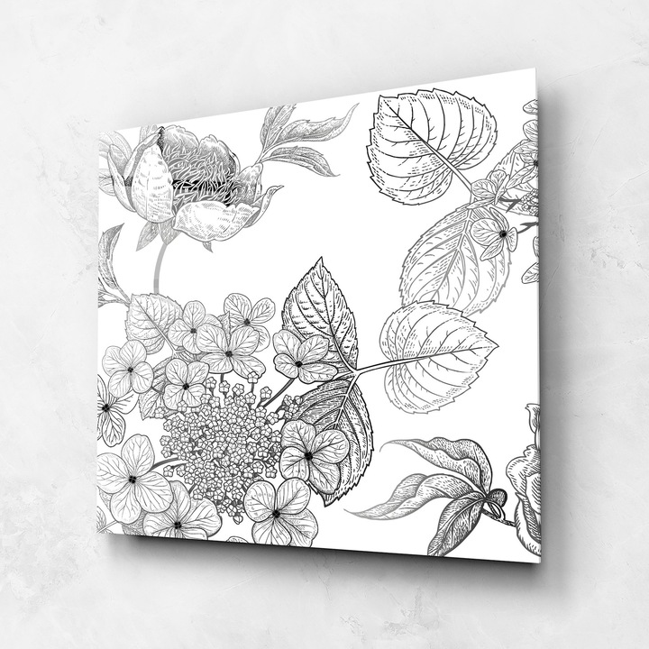 ARTHUB, Стъклена картина 100x100cm, Спалня и Дневна, цветя, рисувани цветя, Black Line Flower