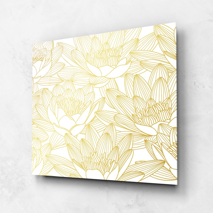 ARTHUB, Стъклена картина 100x100cm, Спалня и Дневна, цветя, рисувани цветя, Gold Lily Line