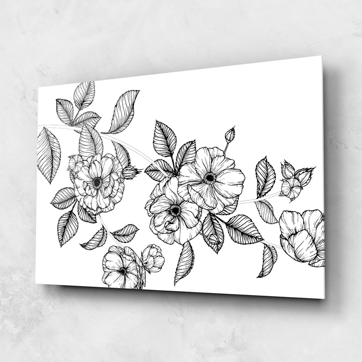 ARTHUB, Стъклена картина 80x120cm, Спалня и Дневна, цветя, рисувани цветя, Roses Black Line